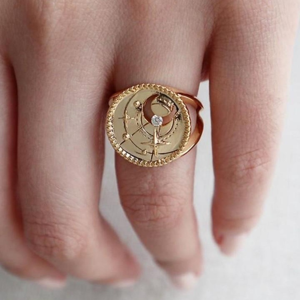 18k Gold Celestial Moon & Star Ring - Women Jewelry